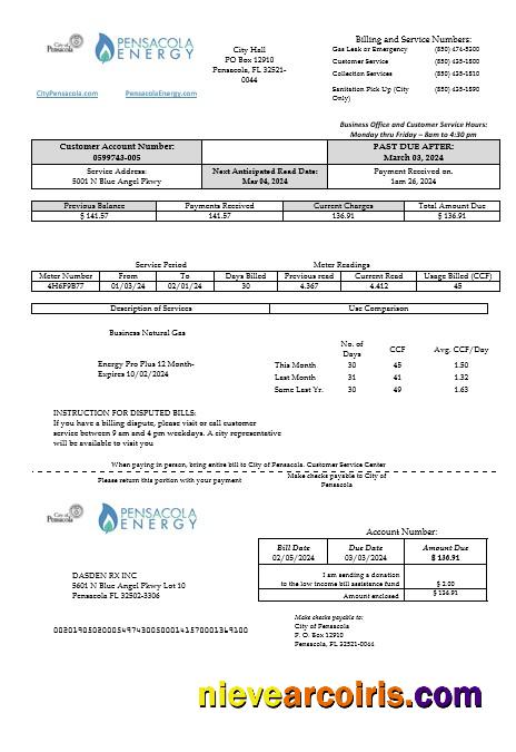 USA Florida Pensacola Energy business utility bill